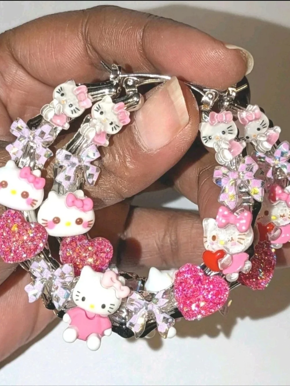 Hand Crafted Pink Hello Kitty Crystal Heart Hoop Earrings